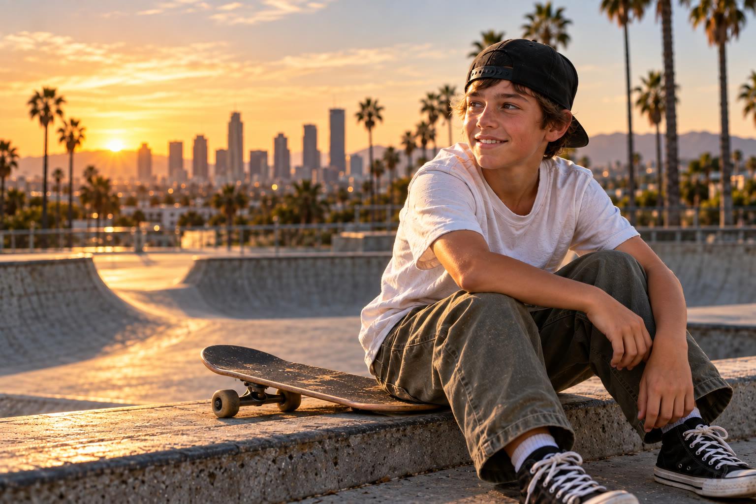 Link sitting at the skatepark with his board, cap on backwards